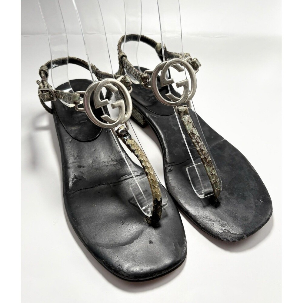Gucci Thong Sandals Black w/ Silver GG Logo Python Accents Sz EU 34.5 4.5